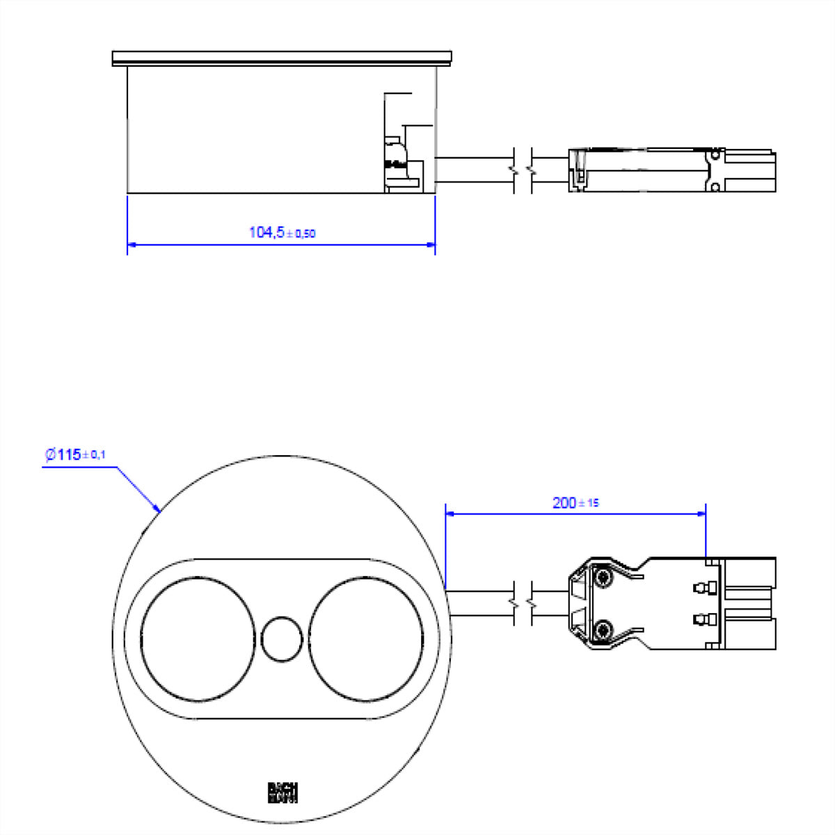 Bachmann TWIST 2 – Einbau-Anschlussfeld, 1× Schuko (Typ F), USB-A + USB-C, 22 W, 0,2 m, Stecker GST18