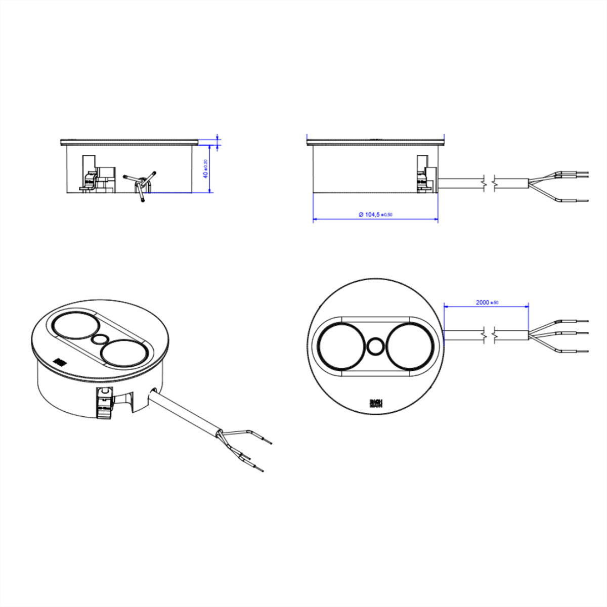 Bachmann TWIST 2 – Einbau-Anschlussfeld, 1× Schuko (Typ F), 1× USB-A + 1× USB-C (22 W), 2,0 m