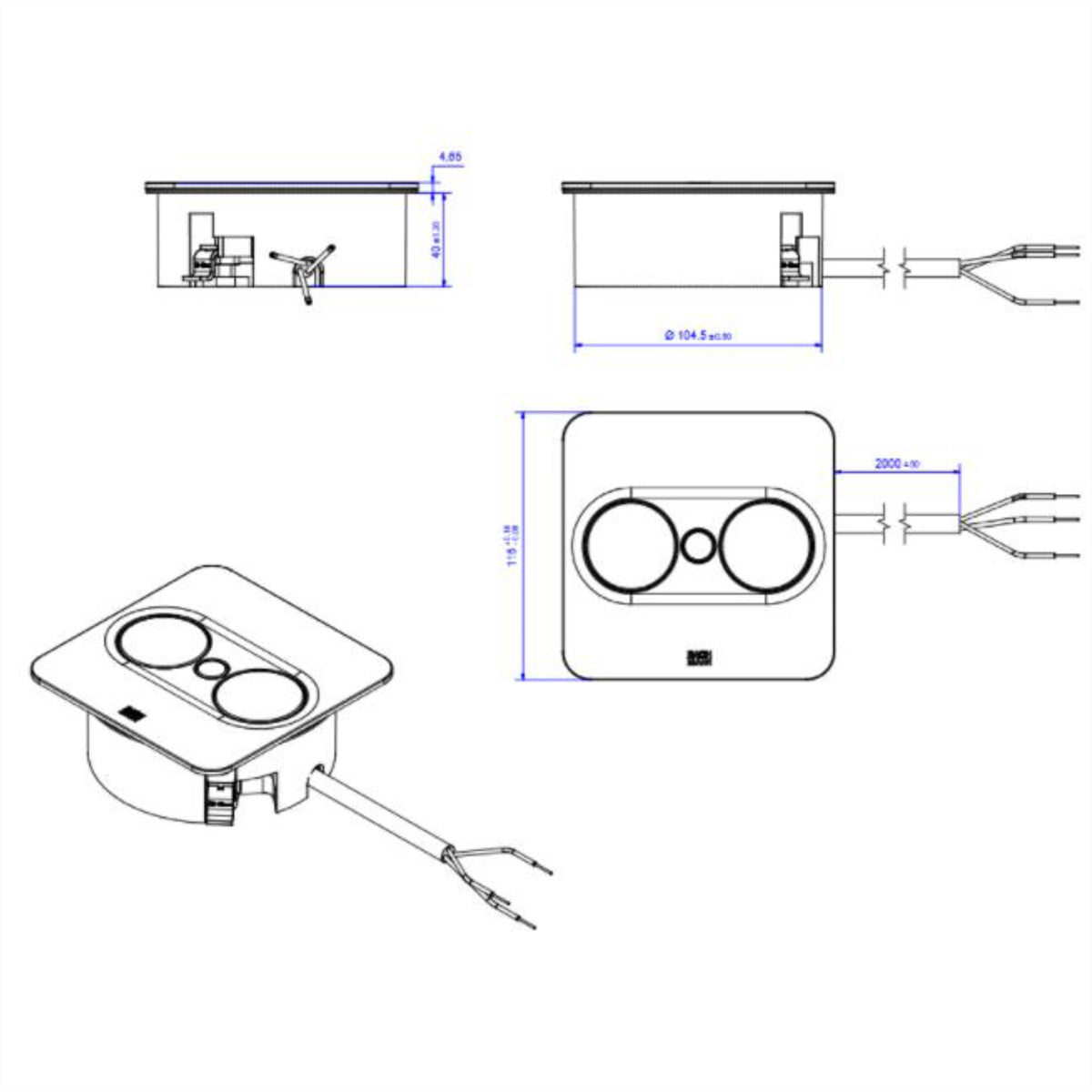 Bachmann TWIST 2 Steckdoseneinheit – 1×Schuko (Typ E/F), USB‑A + USB‑C 22 W, Einbau, 2,0 m, RAL 9010