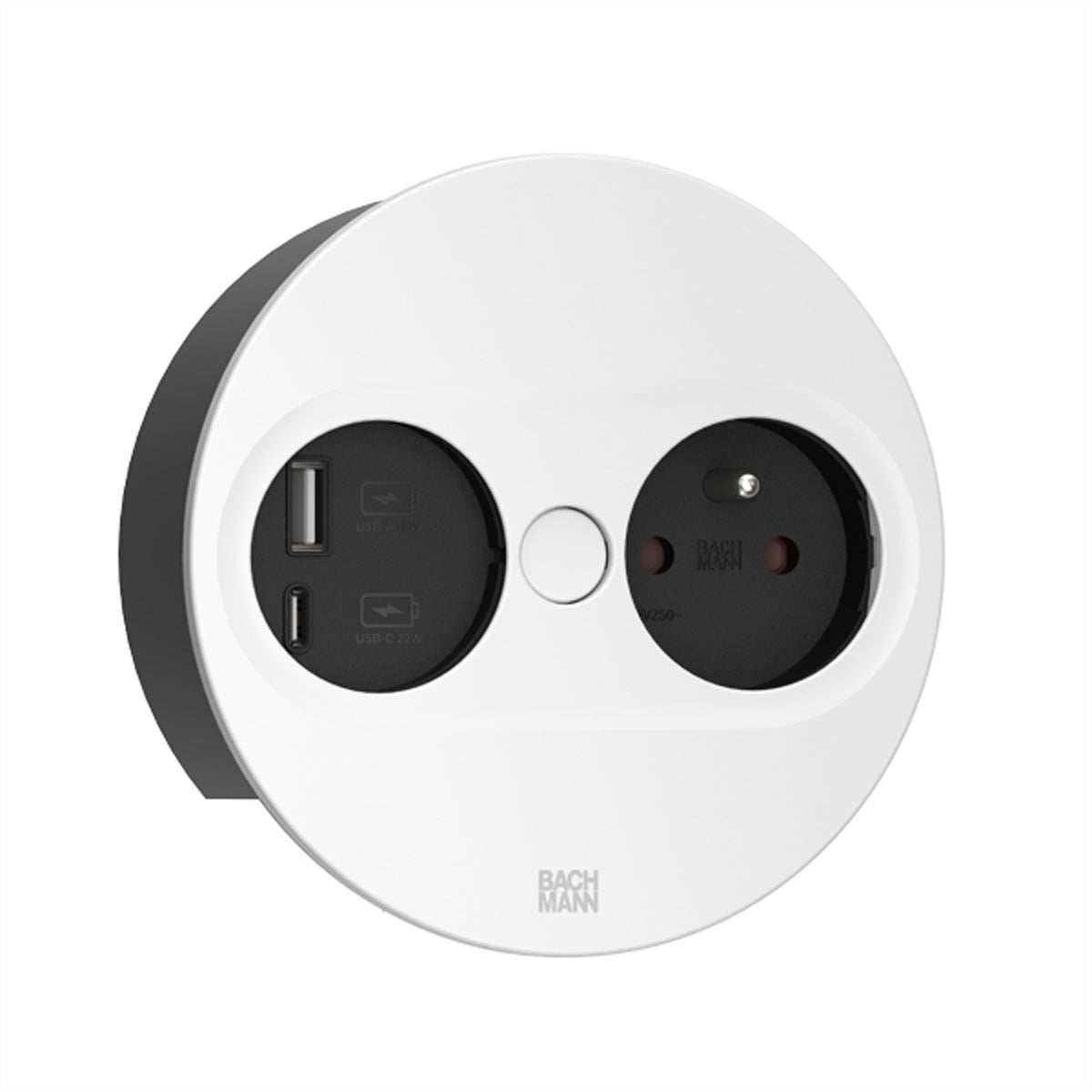 Bachmann TWIST 2 Steckdoseneinheit – 1×UTE (Typ E), USB-A + USB-C 22 W, Einbau, 2,0 m, RAL 9010