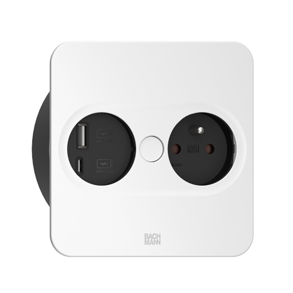 Bachmann TWIST 2 – Einbau-Anschlussfeld, 1× UTE (Typ E), 1× USB-A + 1× USB-C (22 W), 2 m, Stecker Typ E/F, IP2