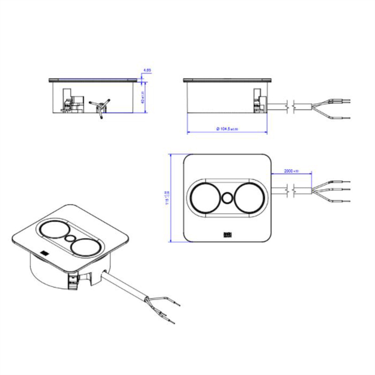 Bachmann TWIST 2 – Einbau-Anschlussfeld, 1× UTE (Typ E), 1× USB-A + 1× USB-C (22 W), 2 m, Stecker Typ E/F, IP2
