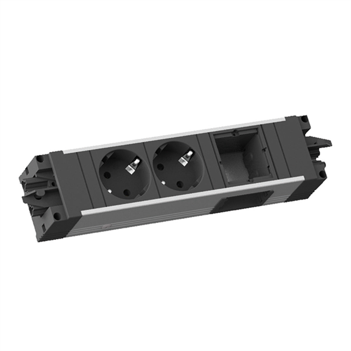 Bachmann STEP ALU Steckdosenleiste, 2×T13, GST18 Eingang, mit erhöhtem Berührungsschutz – Schwarz/Silber