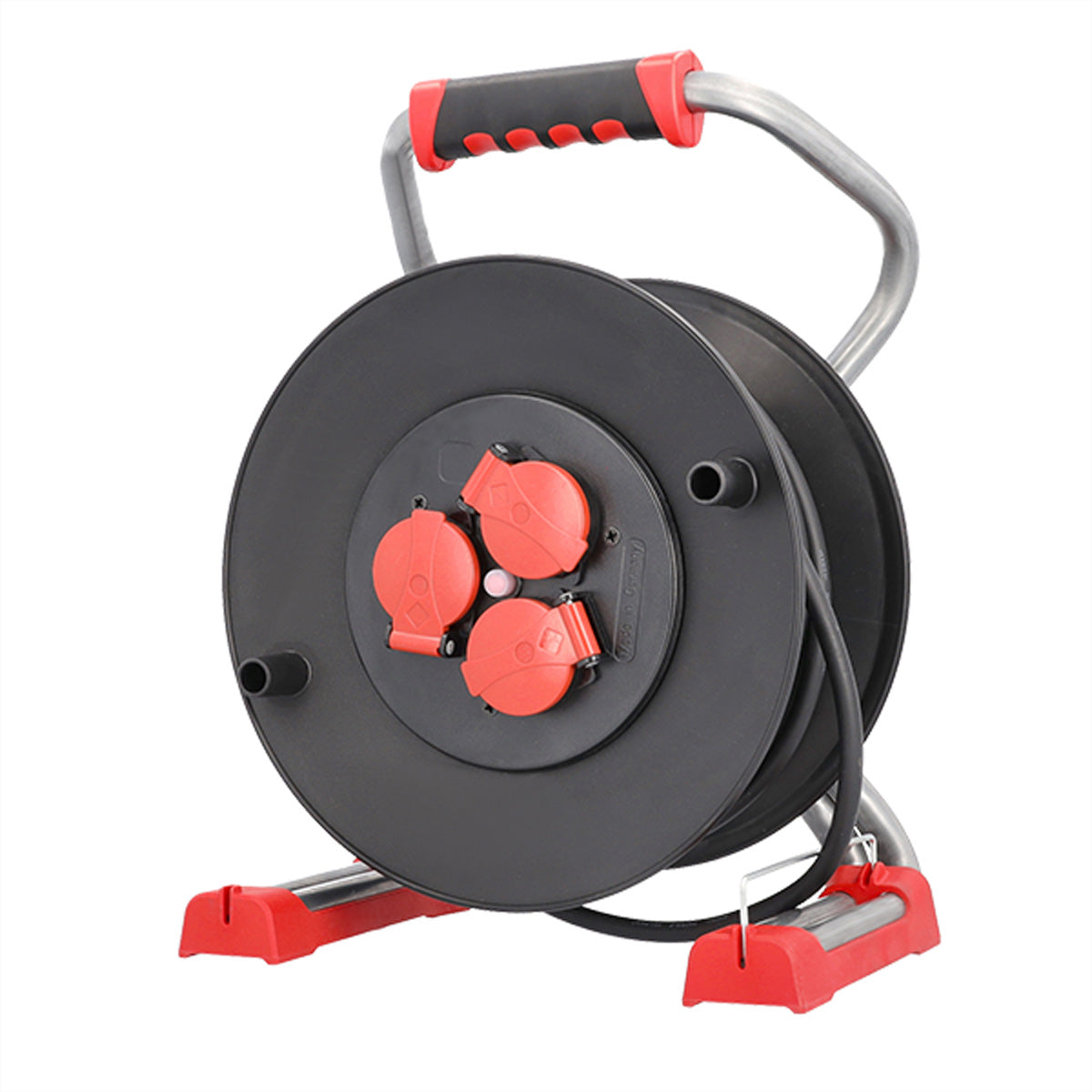 Bachmann Kabelrolle, 25 m, 3×T13, IP44, Thermoschutzschalter, Sterngriffbremse, Stecker CEE7/7 – Schwarz/Rot