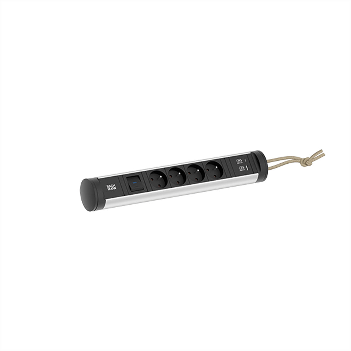 Bachmann CYCLE Loop Steckdosenleiste, 4×UTE, 2×USB 22 W, mit Schalter, 2,5 m – Schwarz/Silber