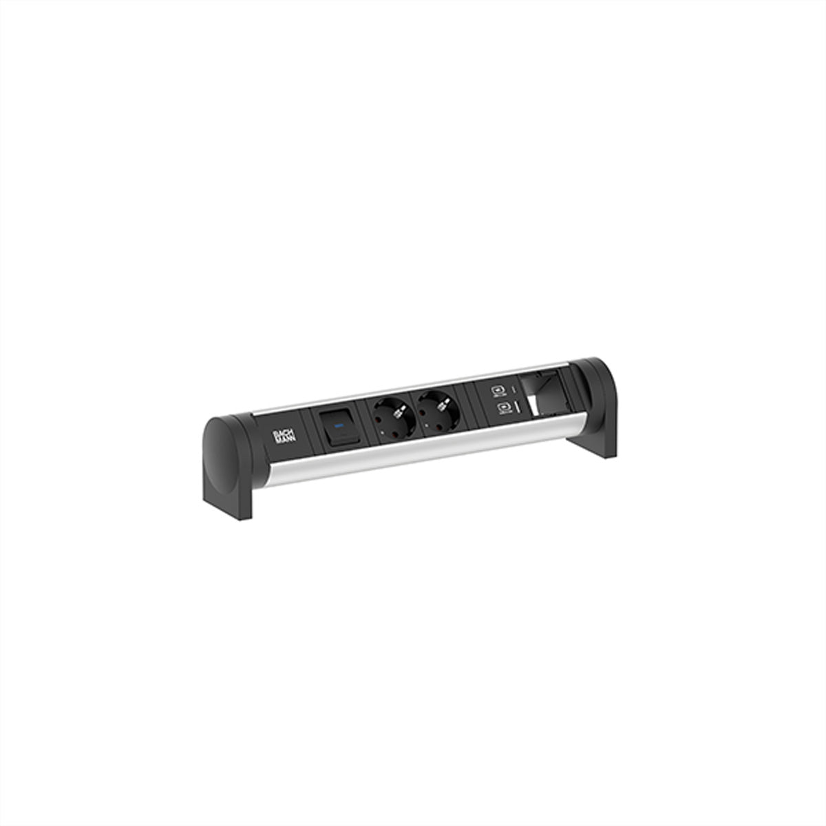 Bachmann CYCLE Tischsteckdosenleiste, 2×Schuko (Typ F), 1×USB‑A + 1×USB‑C 22 W, mit Schalter – Schwarz/Silber