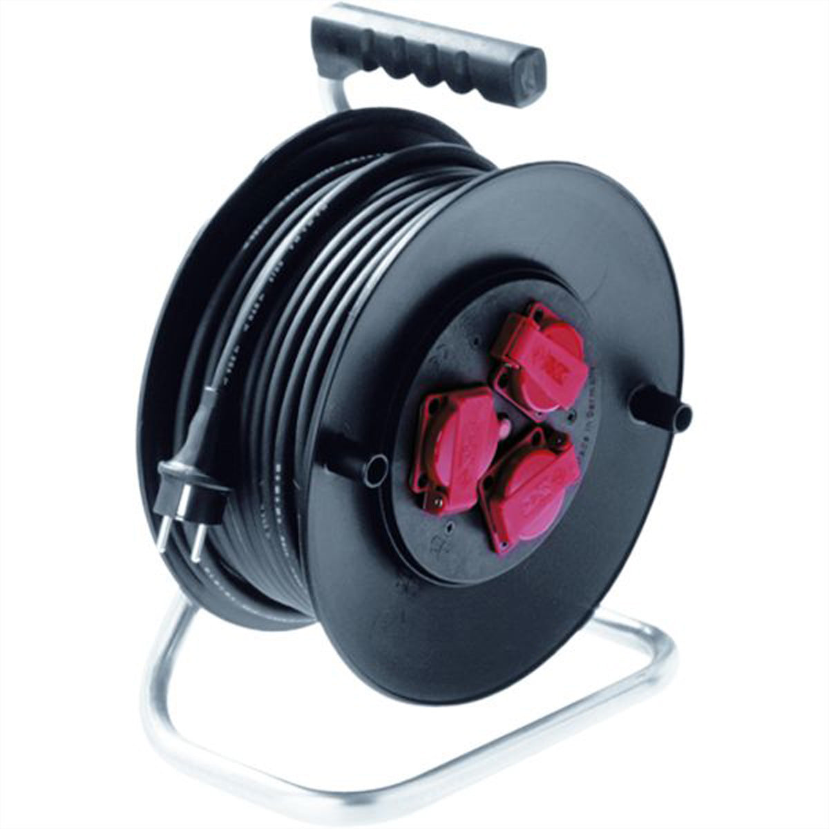 Bachmann Kabelrolle, 40 m, 3×T13, IP44, Thermoschutzschalter, Klappdeckel, Stecker T12 – Schwarz