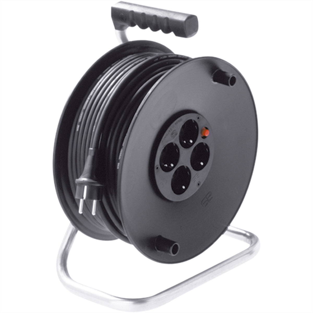 Bachmann Kabelrolle, 25 m, 4×T13, IP20, H05RR-F 3G1,5 mm², Thermoschutzschalter, Drehkurbel – Schwarz
