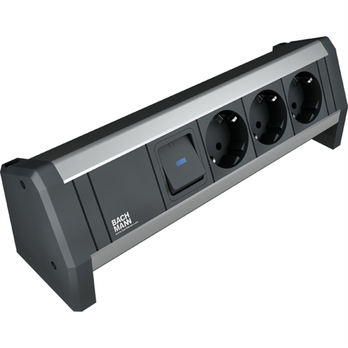 Bachmann DESK Steckdosenleiste – 3×Schuko (Typ E/F), GST18 Eingang, Aluminium, mit Berührungsschutz