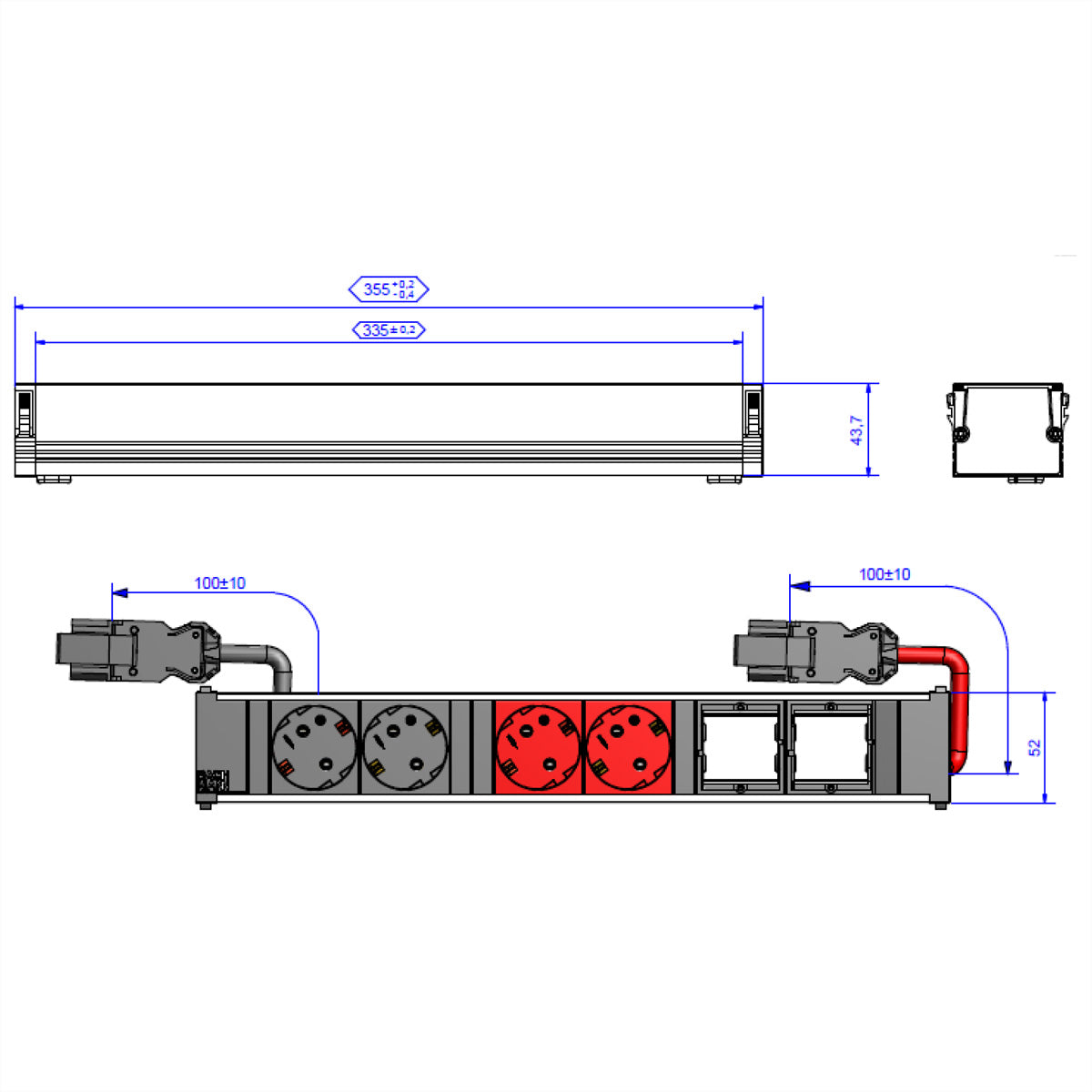 Bachmann CONI Steckdoseneinheit – 4×Schuko (2×schwarz/2×rot), Einbau, 2×0,20 m GST18-Zuleitung