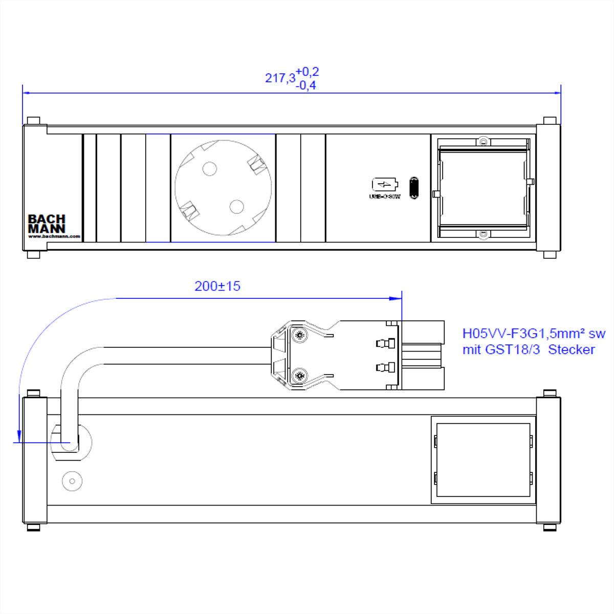 Bachmann CONI Steckdoseneinheit – 1×Schuko (Typ E/F), USB‑C 30 W, Einbau, Wieland GST18