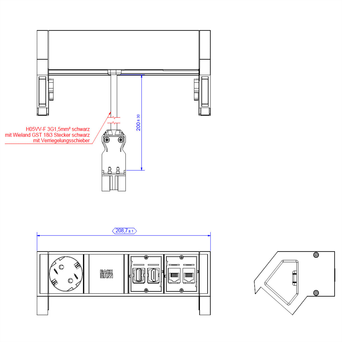 Bachmann DESK2 Tischsteckdosenleiste 1×Schuko (Typ F), 1×USB‑A 3.0, 0,2 m, HDMI + 2×CAT6A – schwarz
