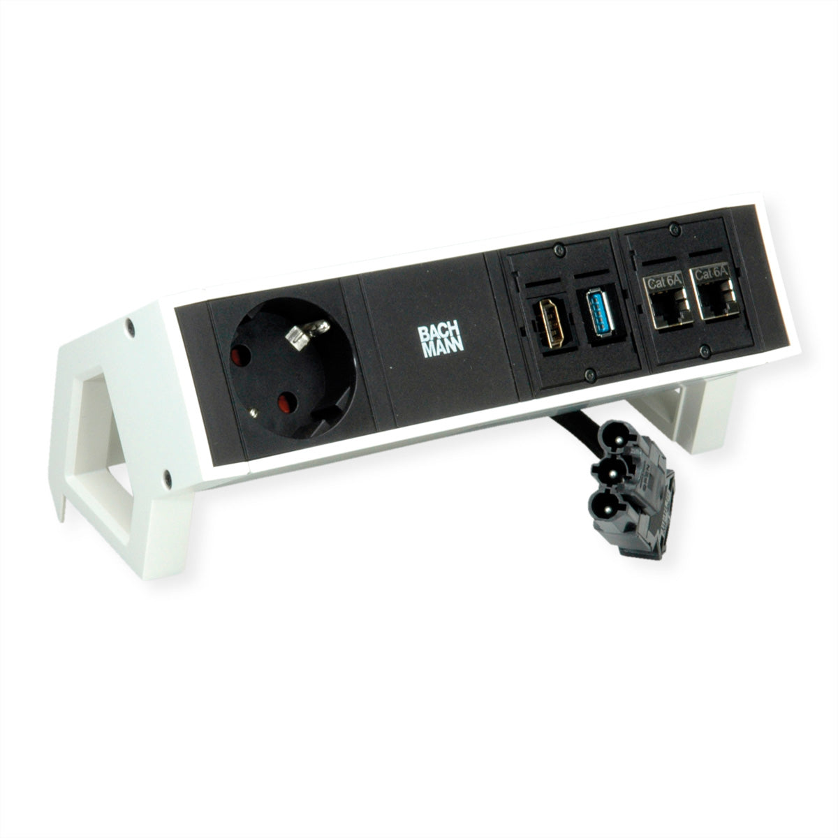 Bachmann DESK2 Tischsteckdosenleiste 1×Schuko (Typ F), 1×USB‑A 3.0, 0,2 m, HDMI + 2×CAT6A – schwarz
