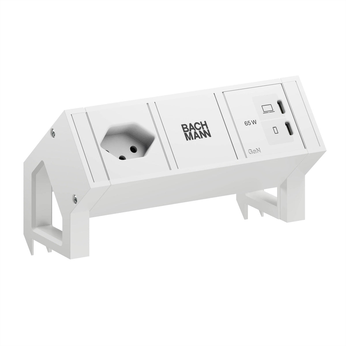 Bachmann DESK2 Tischsteckdosenleiste 1×T13, 2×USB-C PD 65 W, 0,2 m, mit Haltewinkel – Weiss