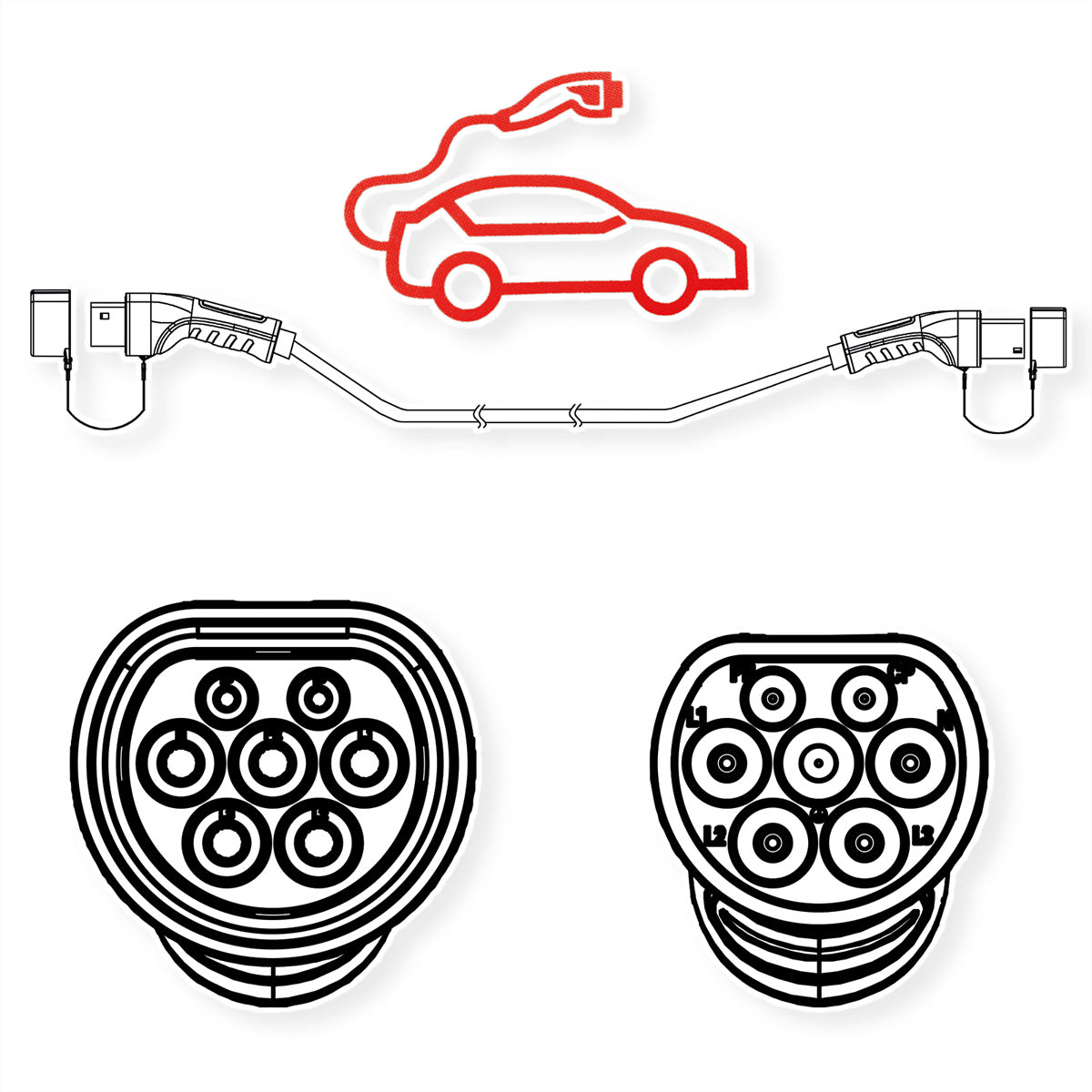 ROLINE E-Auto Ladekabel – Typ 2–Typ 2, 3 m, 1-phasig 32 A/250 V (7,4 kW), IP54/IP65, Schwarz