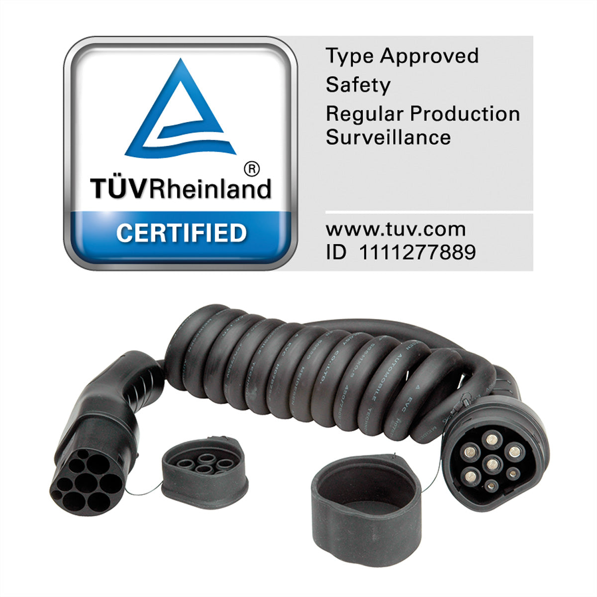 ROLINE Typ 2 Stromkabel – Typ 2–Typ 2, 7,5 m, 22 kW/32 A, spiralförmig, IP65/IP54, schwarz