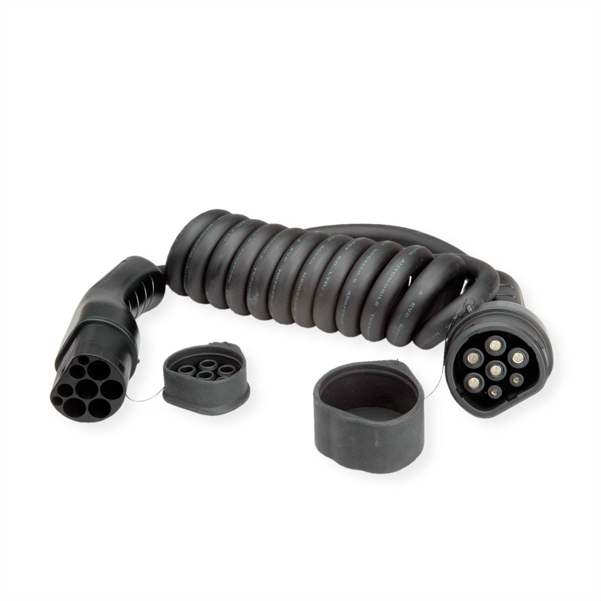 ROLINE Typ 2 Stromkabel – Typ 2–Typ 2, 5 m, 3-phasig, 480 V/32 A, 22 kW, spiralförmig, IP65/IP54, schwarz