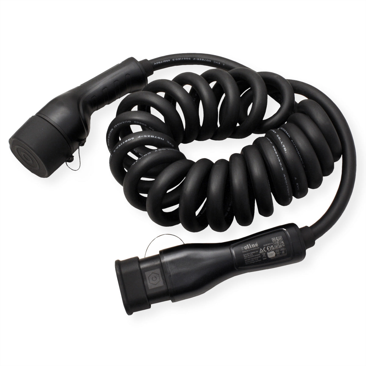 ROLINE Typ 2 Stromkabel – Typ 2–Typ 2, 5 m, 3-phasig, 480 V/32 A, 22 kW, spiralförmig, IP65/IP54, schwarz