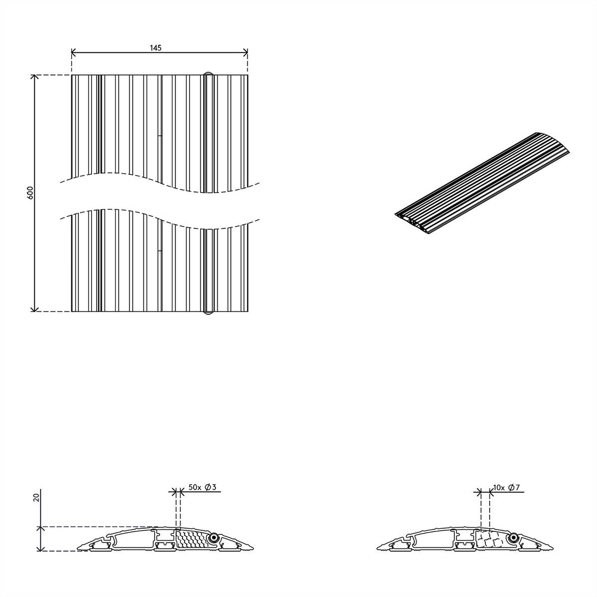Dataflex Addit 402 Kabelbrücke – 0,6 m – Aussen 600×20 mm – Aluminium – Silber, 2 Kanäle, Traglast 500 kg