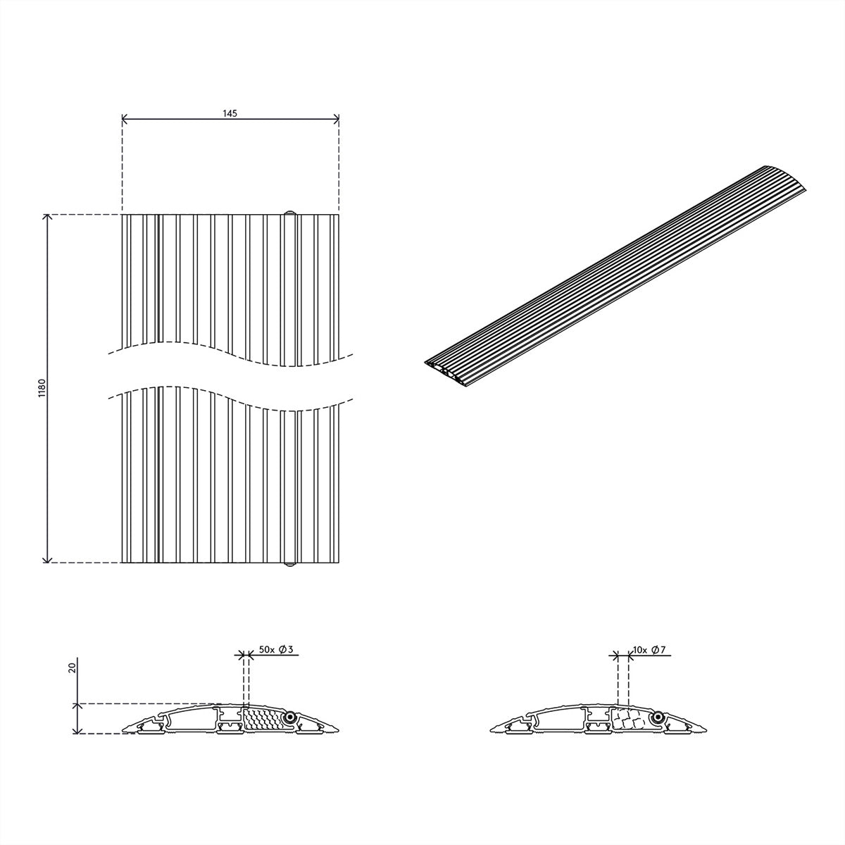 Dataflex Addit Kabelbrücke – 1,2 m – Aussen 145×20 mm – Aluminium – Silber, 500 kg