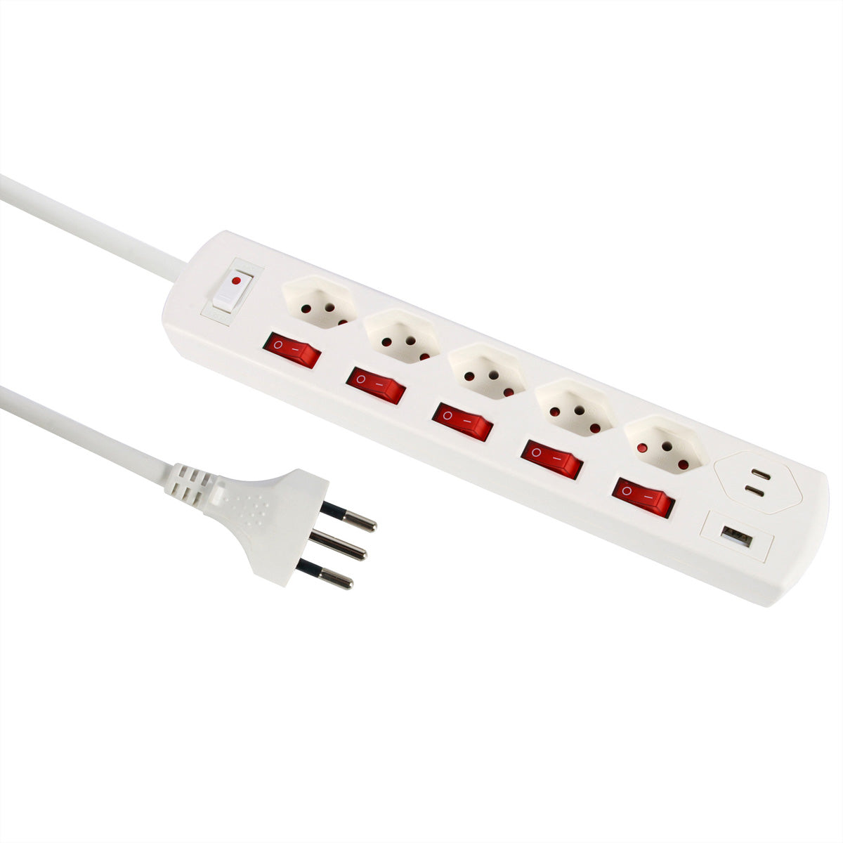 M. Schönenberger Schönenberger Plus – Steckdosenleiste, 5× T13, 2× USB-C + 1× USB-A, beleuchteter Schalter, 2 m, Stecker T12