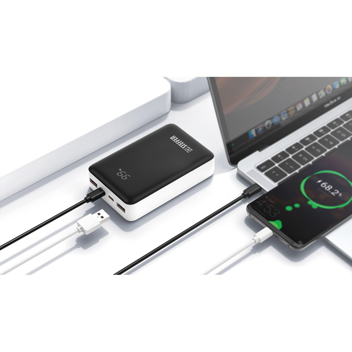 Steffen Powerbank 20'000 mAh – 65 W PD, 1× USB-C, 1× USB-A, schwarz/weiss