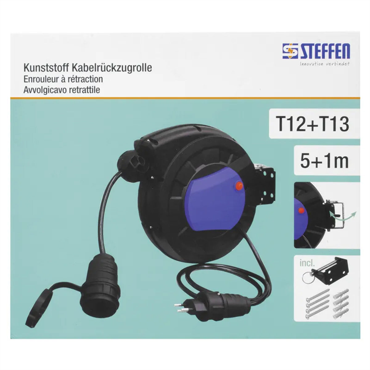 Steffen Kabelrolle, 5 m, 1×T13, IP20, Thermoschutz, Eingang T12 – schwarz