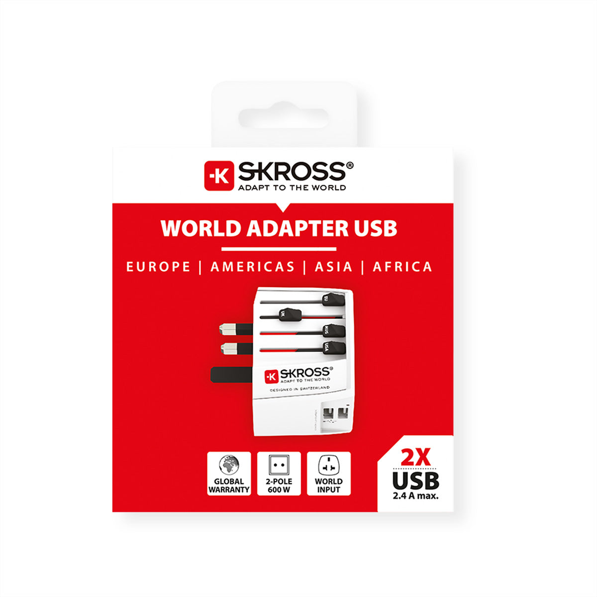 SKROSS MUV Reiseadapter 2-polig – 2× USB-A, 5 V/2,4 A (geteilt) – für weltweite Steckdosen – Weiss