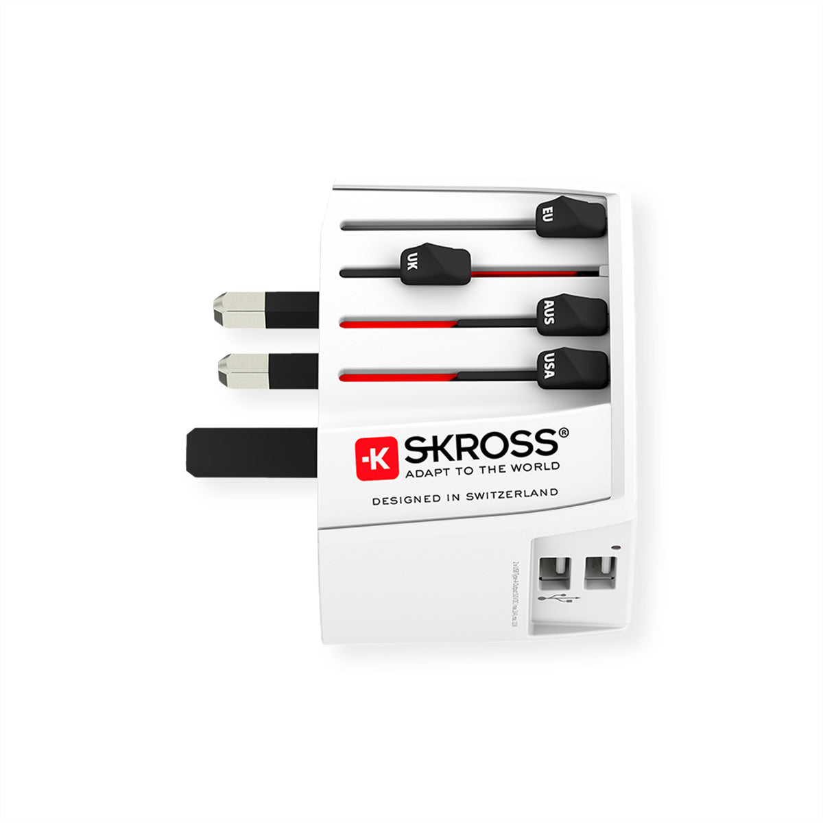 SKROSS MUV Reiseadapter 2-polig – 2× USB-A, 5 V/2,4 A (geteilt) – für weltweite Steckdosen – Weiss