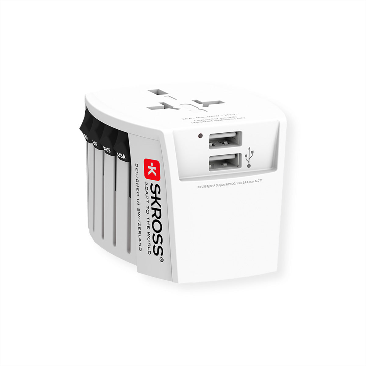 SKROSS MUV Reiseadapter 2-polig – 2× USB-A, 5 V/2,4 A (geteilt) – für weltweite Steckdosen – Weiss