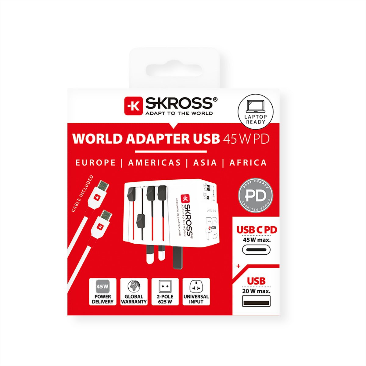 Skross MUV USB A/C 45 PD Reiseadapter – Weltweit, USB-C 45 W PD, USB-A 20 W – Weiss