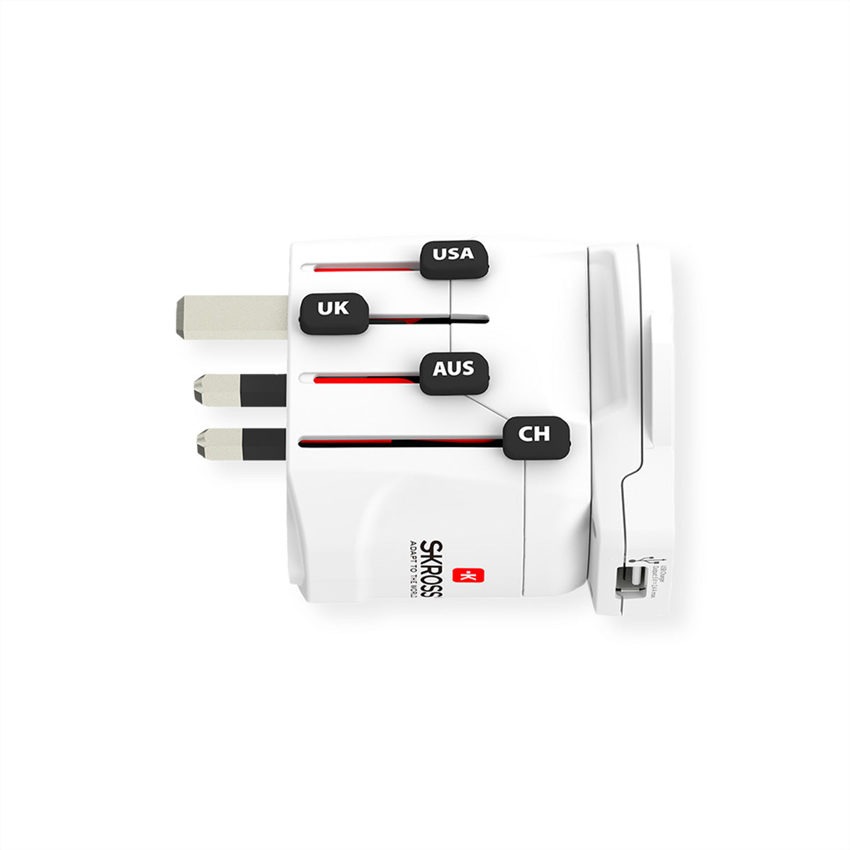 SKROSS – Reiseadapter PRO World & USB – von Typ A/B/C zu Typ I (Australien/China) – 1× USB-A, bis 1'750 W – weiss
