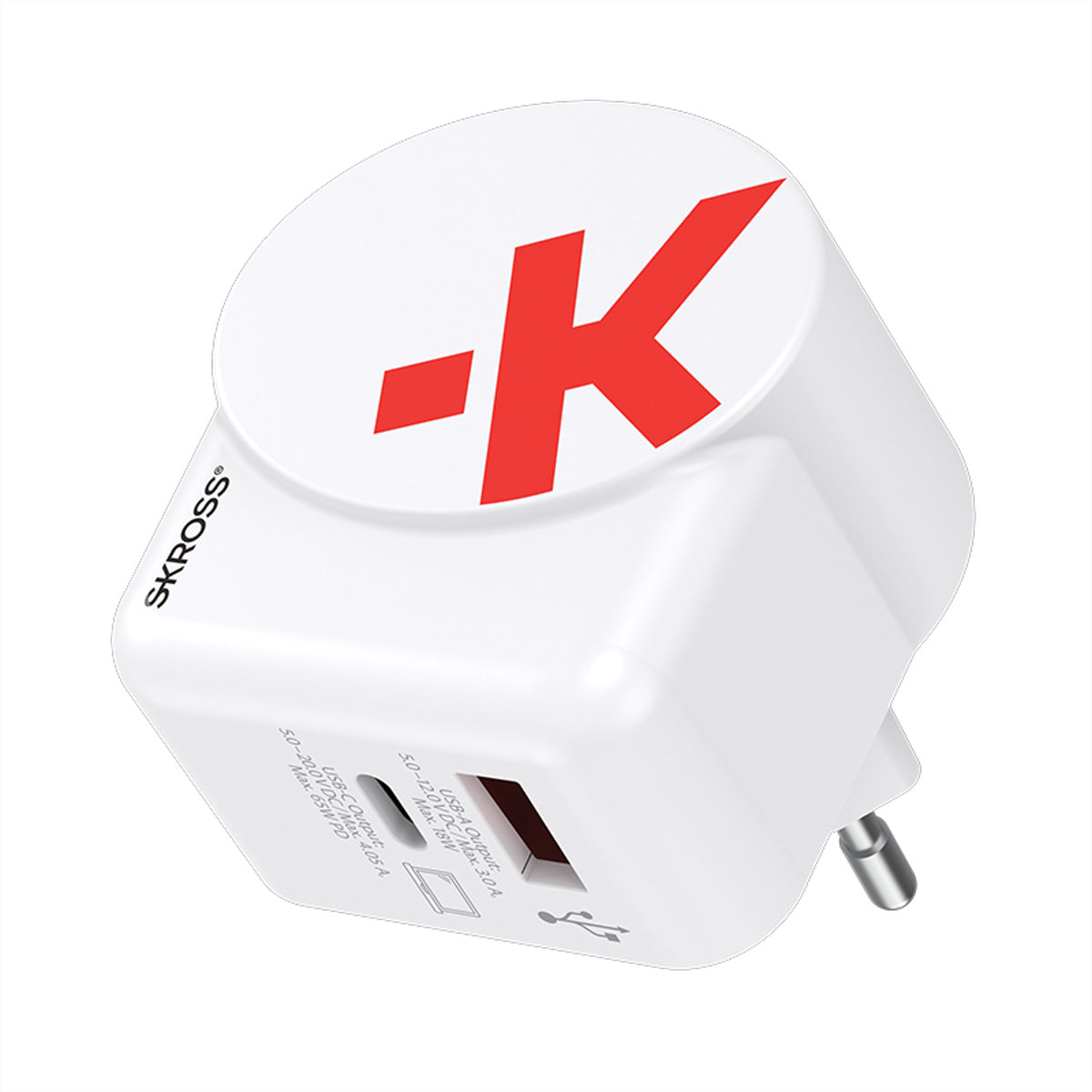 Skross Euro 65 W USB-Reiseadapter – USB-C×1, USB-A×1 – PD, GaN – Typ F (Schuko) – Weiss