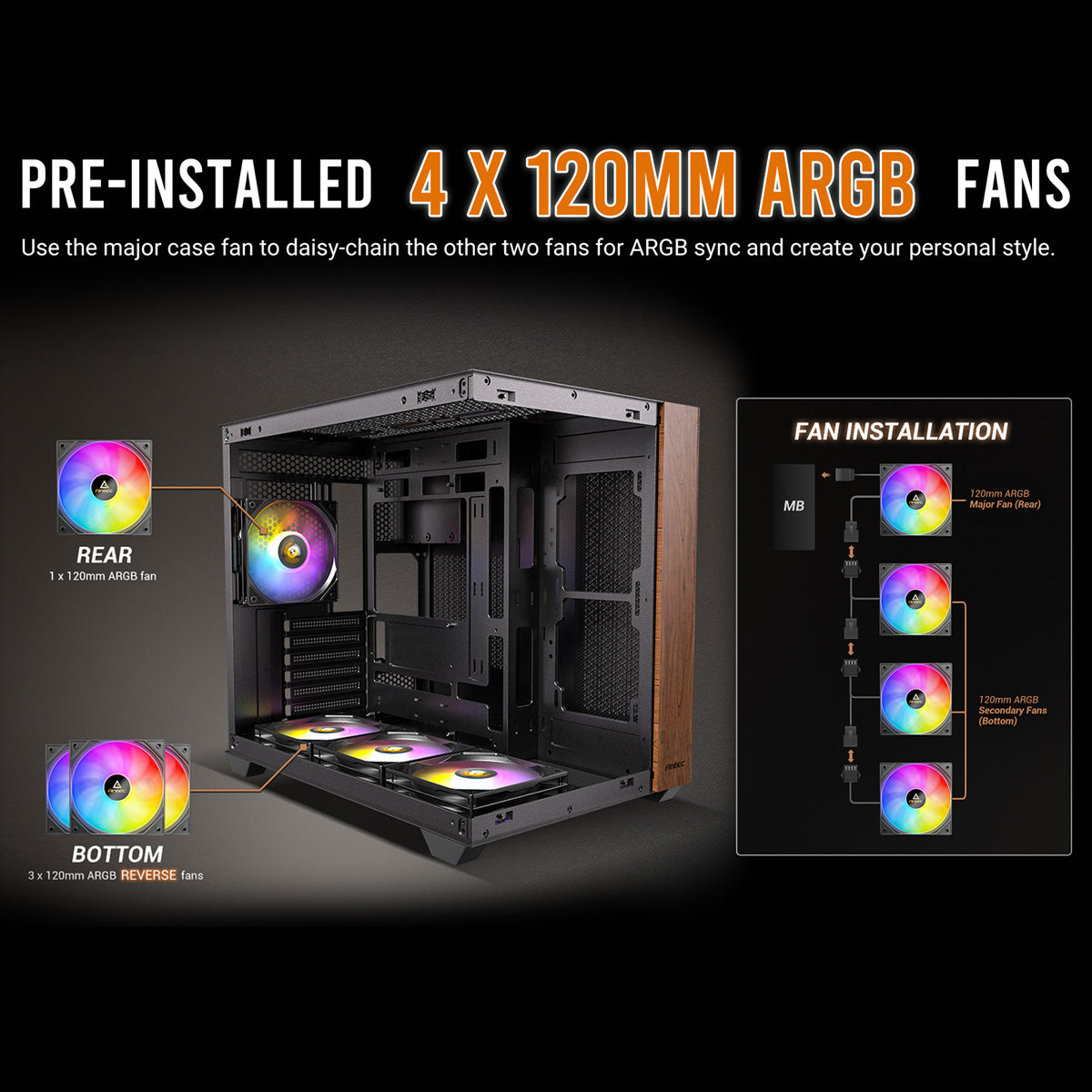 Antec CX800 – PC-Gehäuse – Midi Tower, ATX, Schwarz/Holz, Seitenfenster, 3×120 mm Lüfter, 2×3,5"+2×2,5"