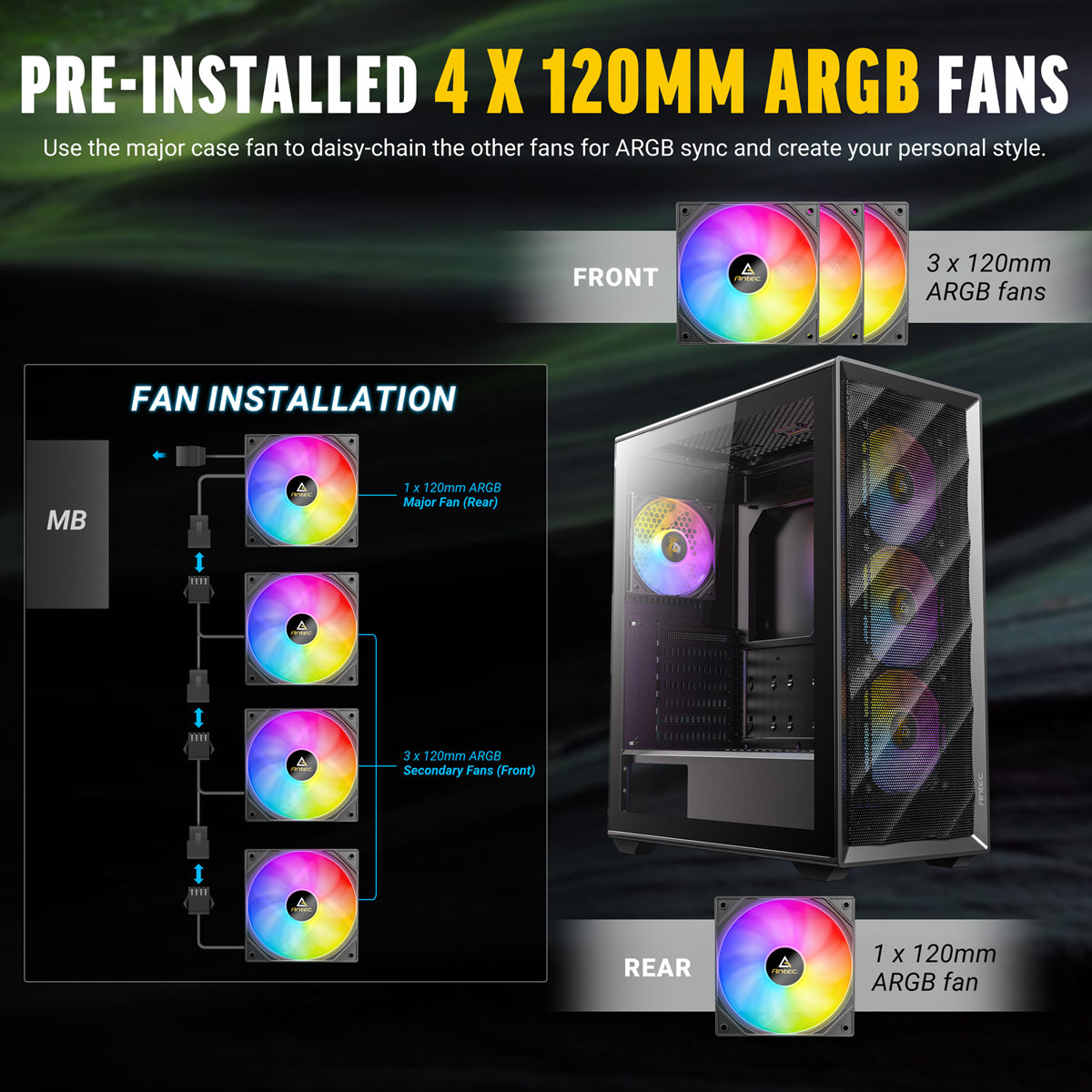 Antec AX85 – PC-Gehäuse – Midi Tower, für ATX, micro-ATX, Mini-ITX, 4×120 mm Lüfter, 360 mm Radiator, Schwarz