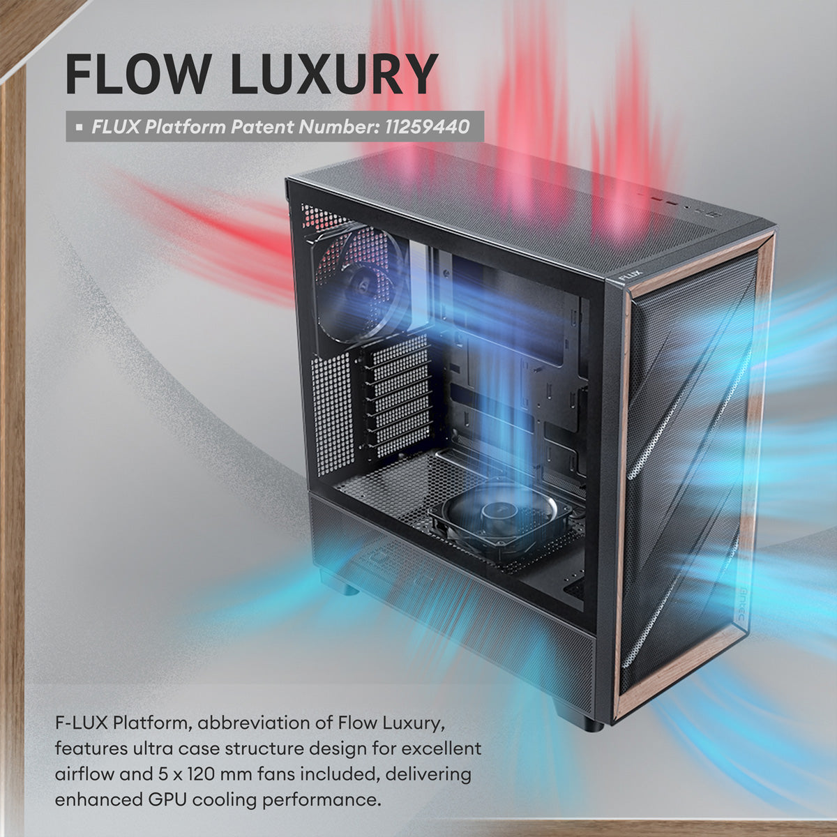 Antec FLUX – PC-Gehäuse – Midi-Tower ATX, Schwarz, Seitenfenster, 5× Lüfter, 360/420 mm Radiatorunterstützung