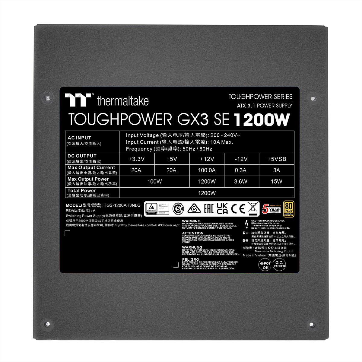 Thermaltake Toughpower GX3 SE 1200W – ATX 3,1 Netzteil, 1200 W, 80 PLUS Gold, Nicht-modular
