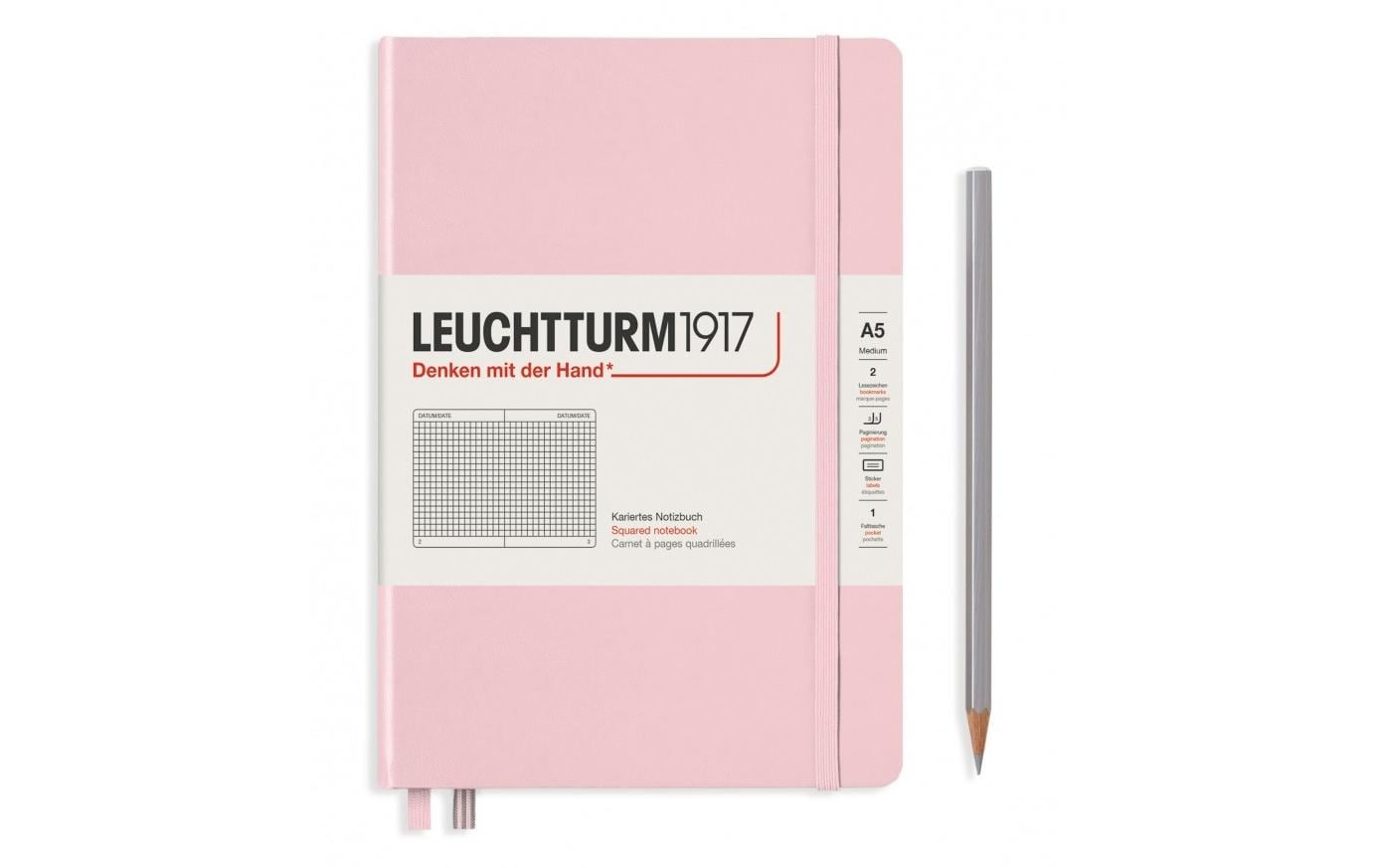 Leuchtturm Notizbuch – A5 – kariert 5 mm – 249 Seiten – 80 g/m² – Hardcover, Gummiband, Stiftschlaufe, rosa