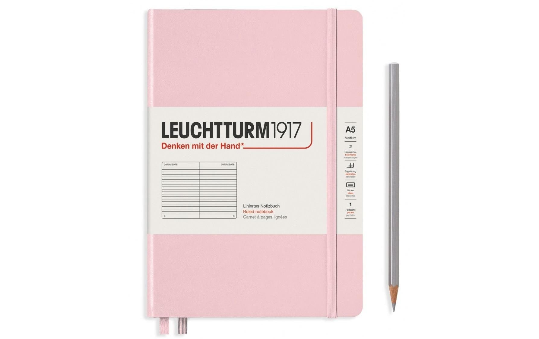 Leuchtturm Notizbuch – A5 – Liniert 5 mm – 249 Seiten – 80 g/m² – Hardcover, Gummiband, Stiftschlaufe – Rosa