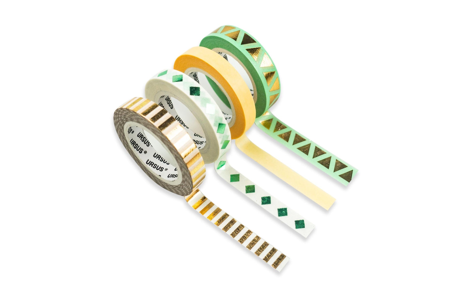 URSUS Washi Tape Grafik – 6,5 mm × 10 m, mehrfarbig (gold, grün) – 4 Rollen, Papier