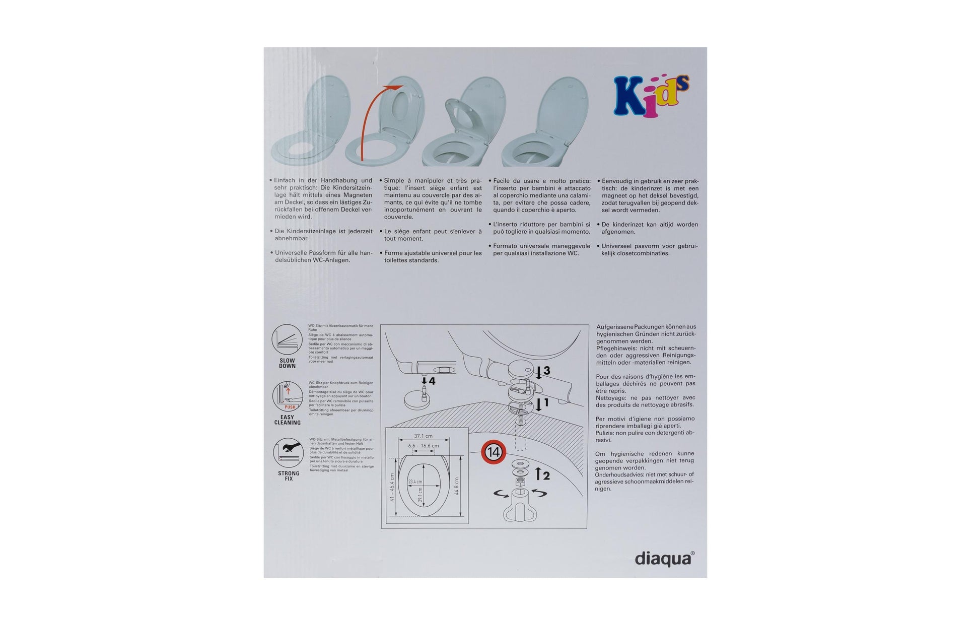 Diaqua WC-Sitz – Polypropylen, weiss, mit Deckel, mit Kindersitzeinlage, 37,1 × 44,8 cm