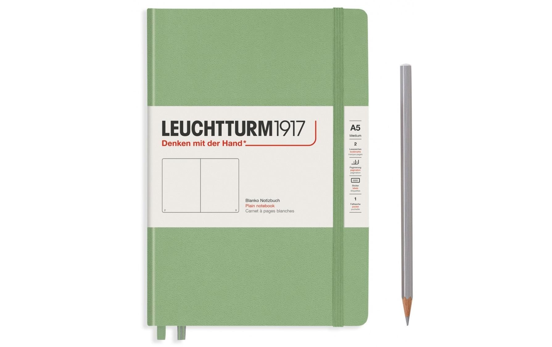 Leuchtturm Notizbuch – A5 – blanko – 249 Seiten – 80 g/m² – Hardcover, Gummiband, Stiftschlaufe – Salbei