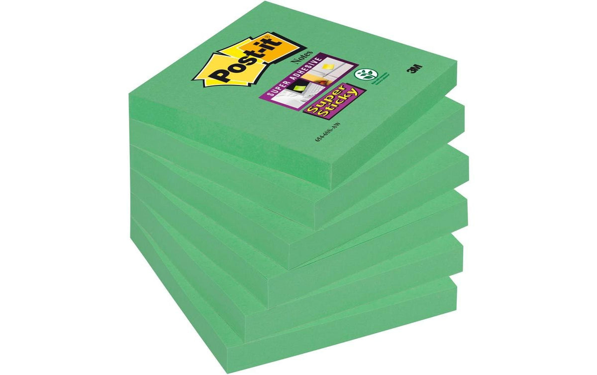 3M Post-it Haftnotizen – 76 × 76 mm – Grün, Super Sticky, 90 Blatt/Block, 6er-Pack