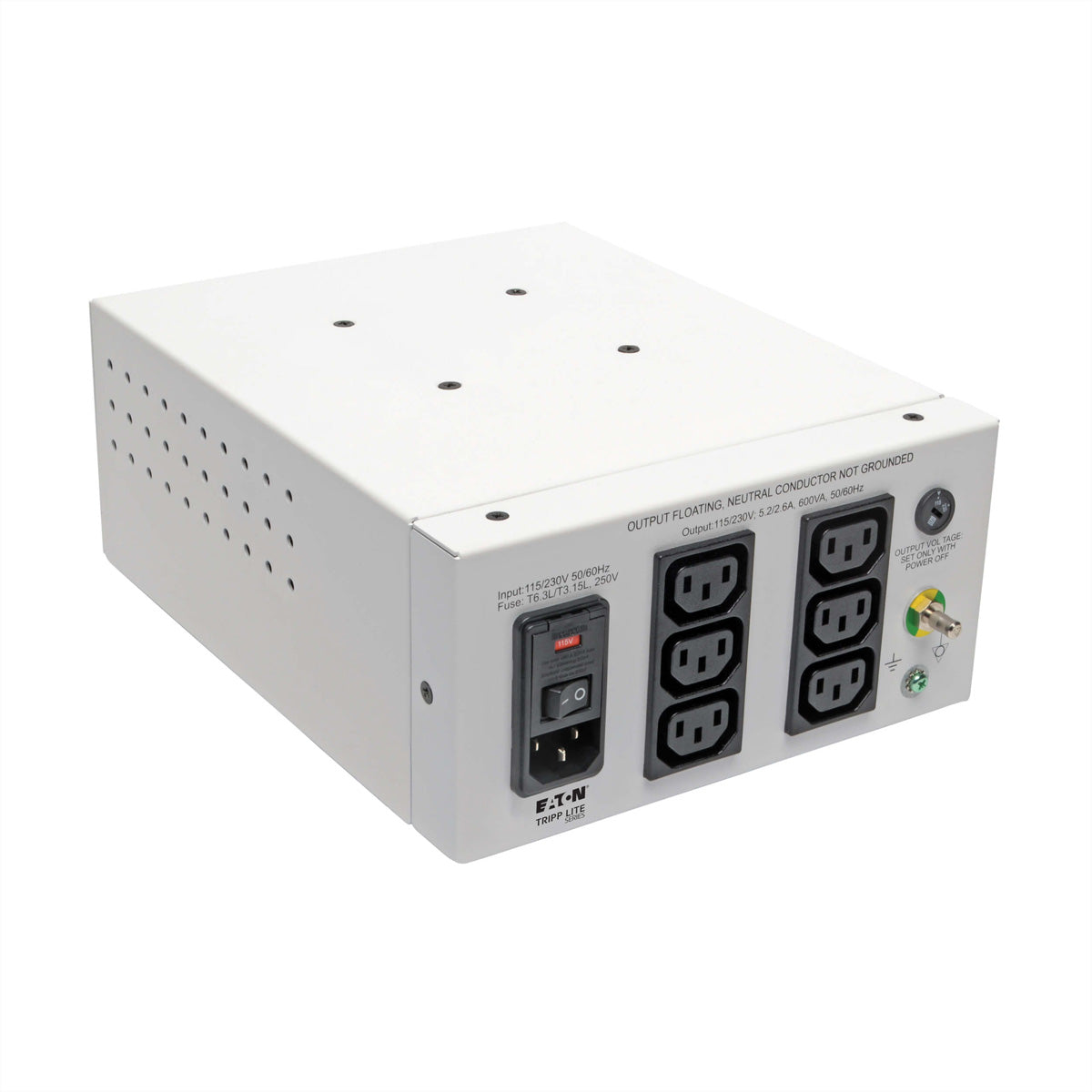 Eaton Isolator IS600HGDV Isolationstransformator – 600 W, Dual-Volt 115/230 V, 6×C13, C14 Eingang, IEC 60601-1