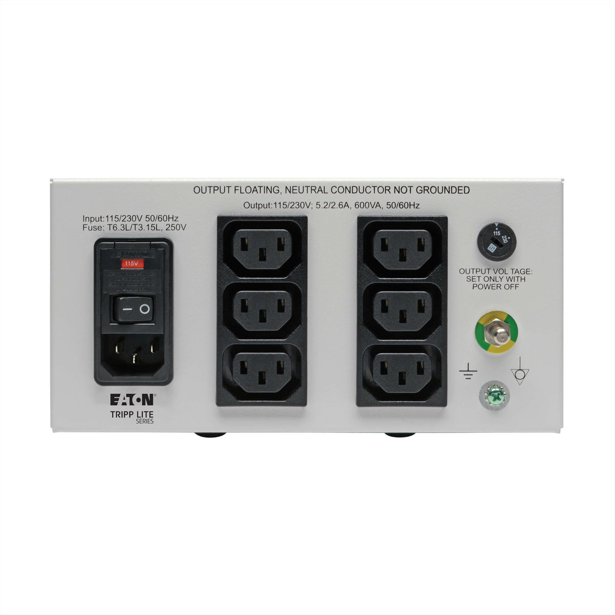 Eaton Isolator IS600HGDV Isolationstransformator – 600 W, Dual-Volt 115/230 V, 6×C13, C14 Eingang, IEC 60601-1