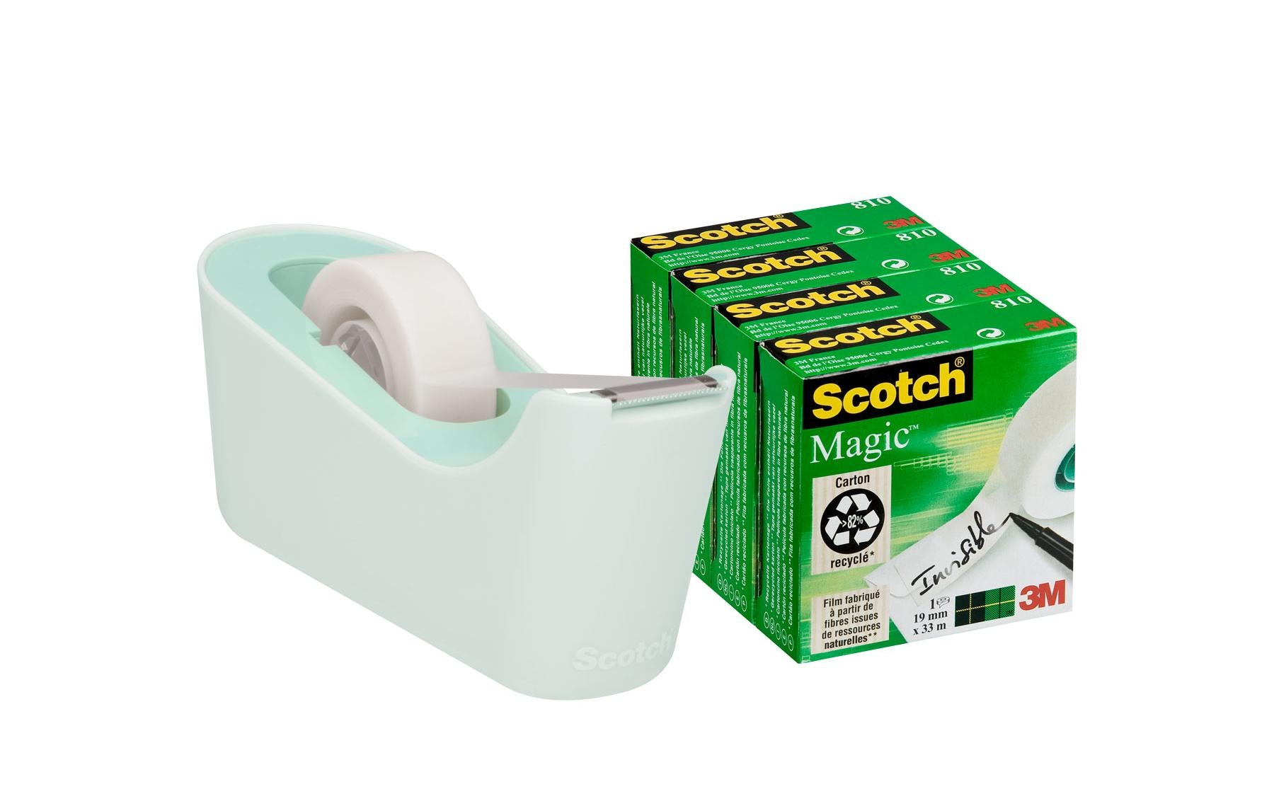 Scotch Tischabroller C18 – für Klebeband bis 19 mm × 33 m, Kern 1", inkl. 4 Rollen Magic 19 mm × 33 m, mint
