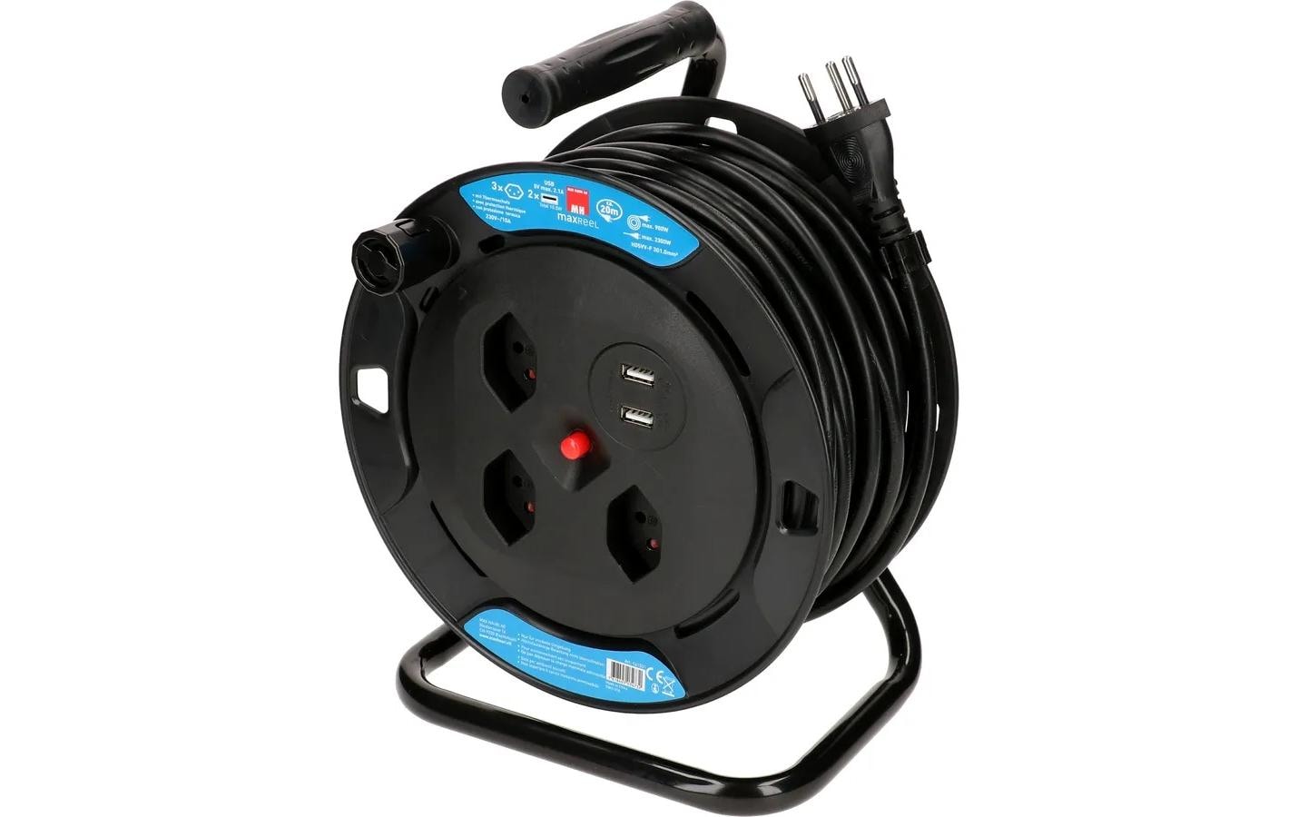 Max Hauri AG Max Hauri Kabelrolle – 3× T13, 2× USB-A, 20 m, ohne Schalter, Kinderschutz, Thermoschutz, schwarz