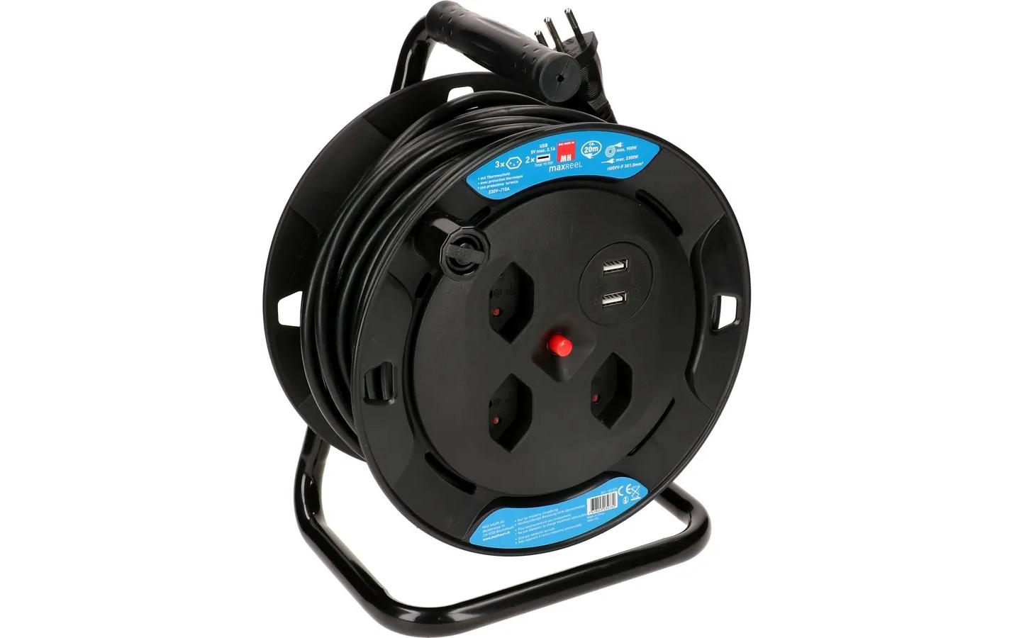 Max Hauri AG Max Hauri Kabelrolle – 3× T13, 2× USB-A, 20 m, ohne Schalter, Kinderschutz, Thermoschutz, schwarz