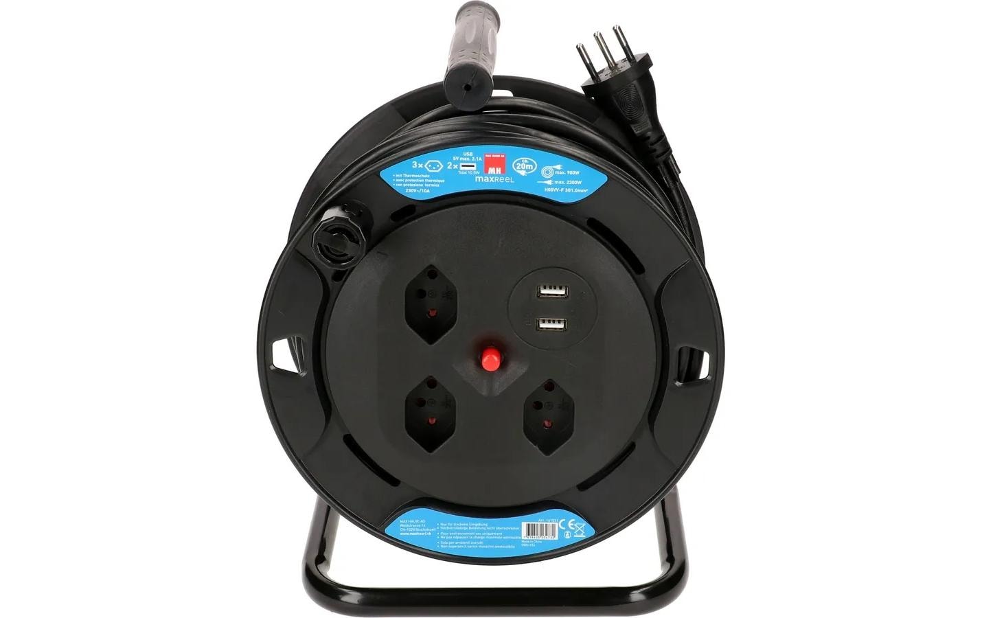 Max Hauri AG Max Hauri Kabelrolle – 3× T13, 2× USB-A, 20 m, ohne Schalter, Kinderschutz, Thermoschutz, schwarz