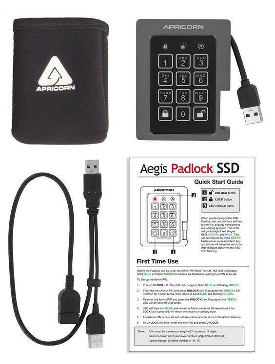 Apricorn Aegis Vorhängeschloss – 480 GB 2,5" SSD, USB 3.2 Gen 1, 256-Bit AES (FIPS 140-2), für Windows/Mac/Linux